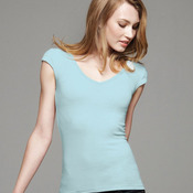 Ladies' Sheer Mini Rib Cap Sleeve V-Neck T-Shirt